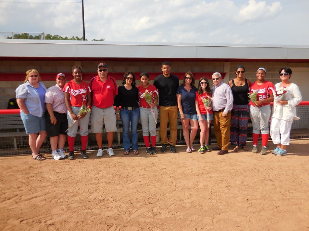 Seniors Callie Murphy, Daija Merced, Lily Reisner and Keleigh Brown were honored before the game as part of Conard's Senior Day celebration. Submitted photo