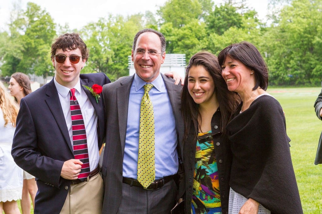 Colgate-bound Ryan Wetsman is congratulated by his parents, Lori Satell Wetsman ’85 and David Wetsman, and his sister Nicole Wetsman ’12 after KO’s graduation. Photo by David Newman, photobynewman.com