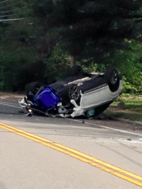 This vehicle was involved in a rollover crash on South Main Street in West Hartford on Thursday, June 4, 2015. Photo courtesy of Kristine DeLutrie