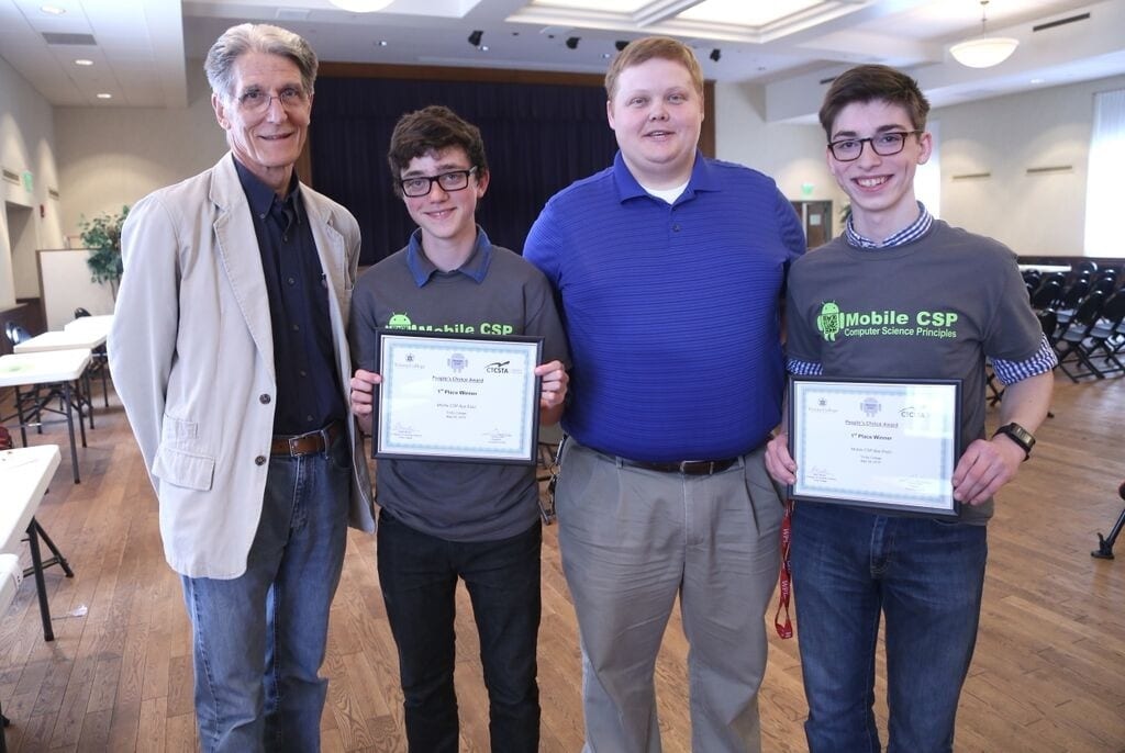 From left: Ralph Morelli, professor of computer science at Trinity College; Christopher Gabow; Michael Wilcosz; Hall High School technology and engineering teacher Joel Margolis. Submitted photo