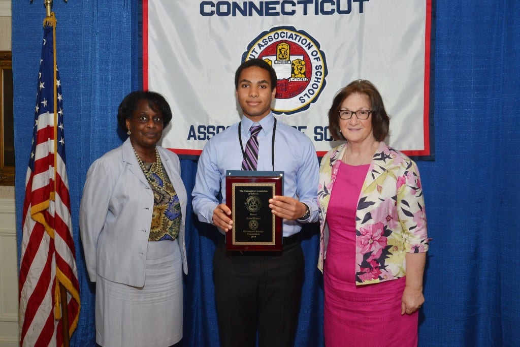 Rita McDougald-Campbell, Chair of the Governor's Scholars Committee and House Principal, Trumbull High School - 2015 Governor's Scholar Anis Ehsani of Conard High School, West Hartford - Donna Schilke, President of the Connecticut Association of Schools and Principal, Smith Middle School in Glastonbury. Submitted photo