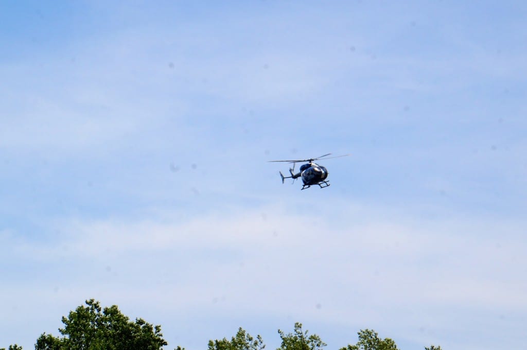 The Life Star helicopter flies over the parking lot before landing at Westfarms in celebration of the service's 30th anniversary. Photo credit: Ronni Newton