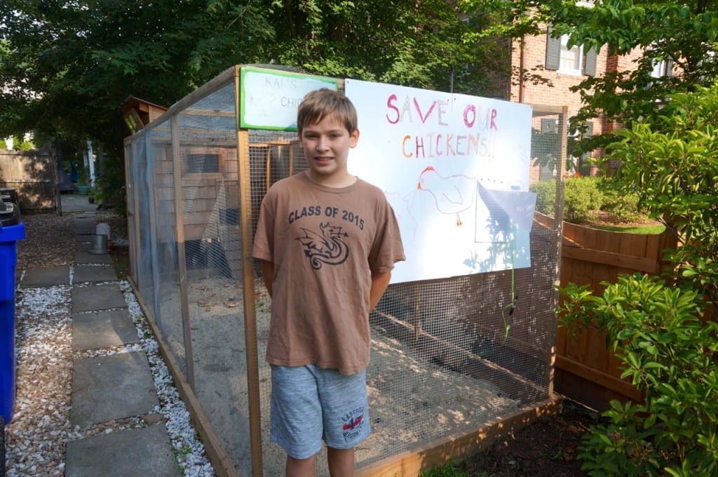 Kai Kashey stands in front of the chicken coop and run that his father built. He made the poster on which there is a petition that had more than 120 signatures as of Tuesday morning. Photo credit: Ronni Newton