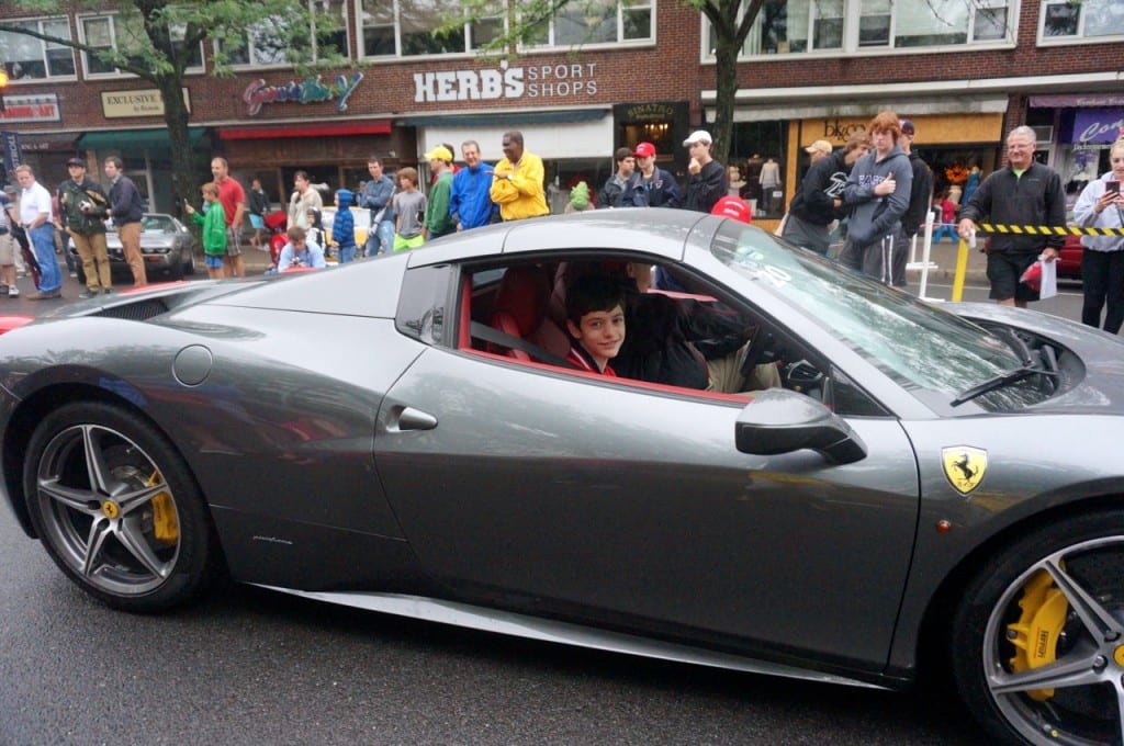 David Newman of West Hartford arrives on LaSalle Road in Harold Kirstein's Ferrari 458 Spider. Concorso Ferrari & Friends, June 28, 2015. Photo credit: Ronni Newton
