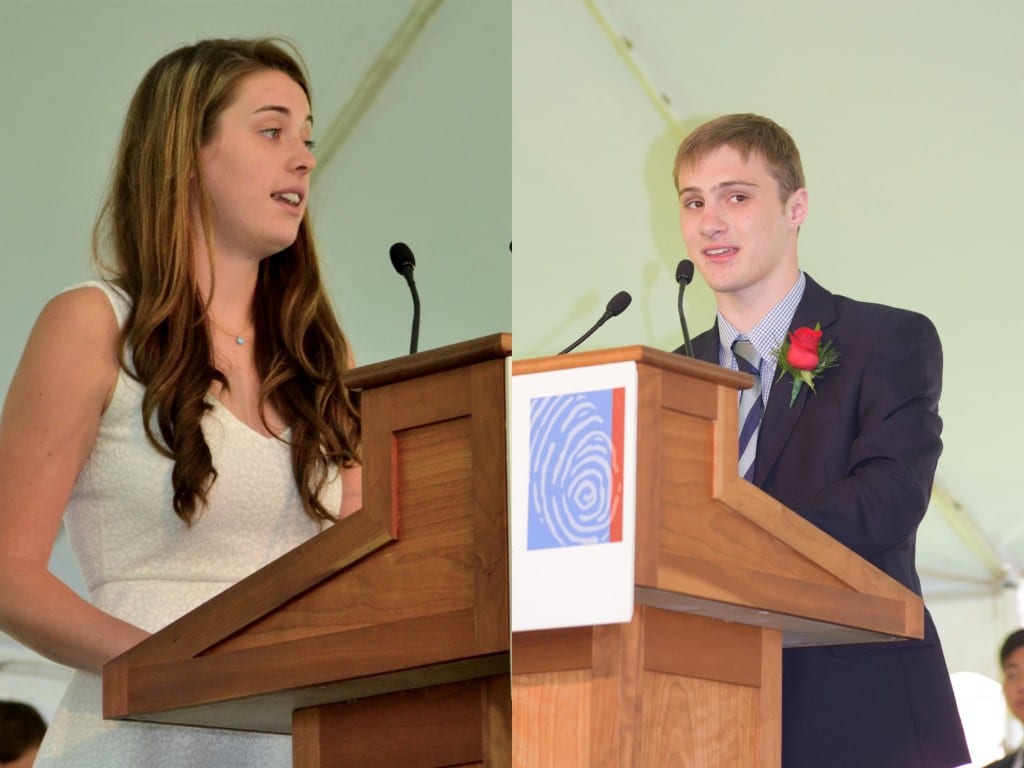 Meghan Henderson (left) and Clark Riley of West Hartford were two of the Watkinson graduates who chose to speak at the graduation ceremony. Submitted photo
