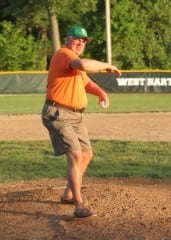 Longtime WHYBL volunteer Ed Czapla throws out the game’s first pitch. Photo credit: Scott Caricato, Rookiepix.com