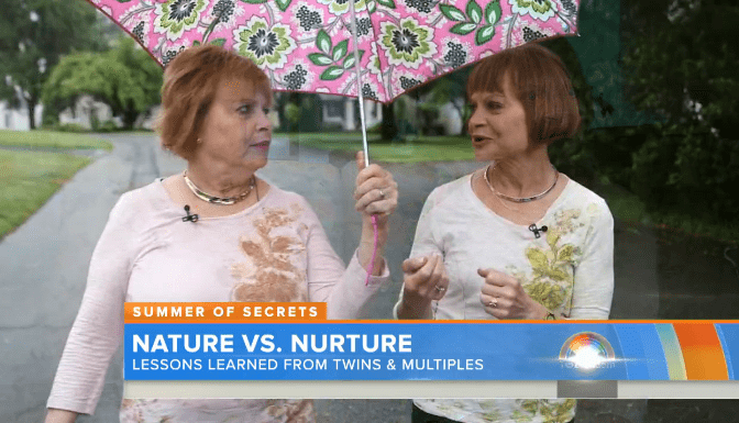 West Hartford resident Debbie Mehlman (right) and her identical twin Sharon Poset appeared on a 'Today' Show segment about nature vs. nurture. Screen shot of 'Today' Show broadcast, June 23, 2015
