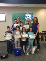 Solomon Schechter winners include: (Top Row) Ariel Gordon, Jamie Cowan (Bottom Row) Alex Patt, Jeremy Eisen, Madeline Shani, Lily Temkin. Adults pictured are Michael Johnston, President and CEO at Jewish Community Foundation of Greater Hartford; Howard Sovronsky, President and CEO at Jewish Federation of Greater Hartford; Andrea Kasper, Head of School at Solomon Schechter Day School.. Submitted photo