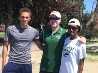 Patrick Williamson (center) with NWC outdoor track State Open athletes Christian Mackay-Morgan ’16 and Kelsey Geddes ’15. Submitted photo