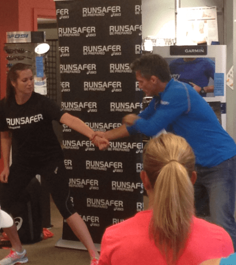Two-time Olympic distance runner and Brazilian Jiu Jitsu Black Belt Todd Williams demonstrates 'RunSafer' techniques at Fleet Feet West Hartford. Photo credit: Michelle Bonner