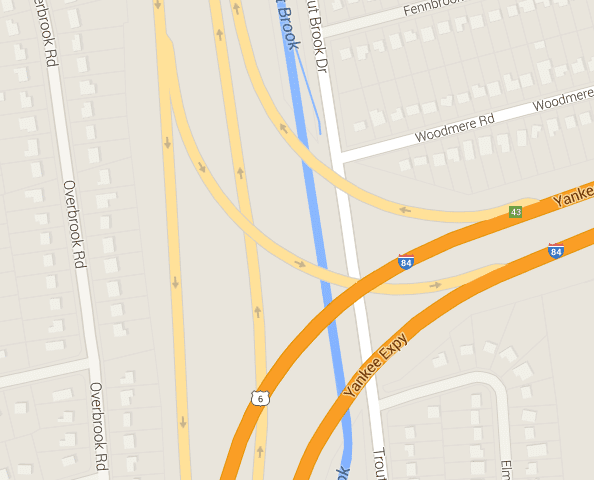 The incident occurred at the area in the center of the map, where the eastbound I-84 ramp crosses over Trout Brook.