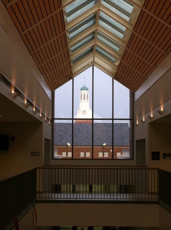 The "new" cupola is visible through the triangular window in the Gallaudet-Clerc Education Center. Photo credit: Rennie Polk