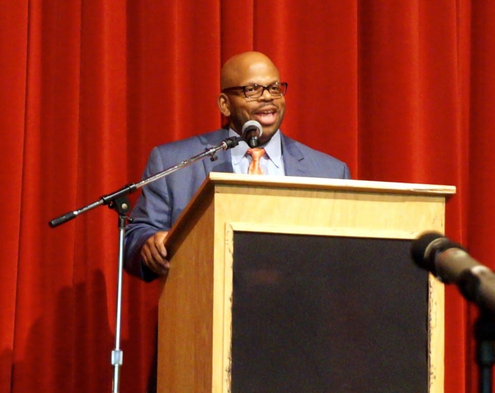 Bristow Middle School Principal Steven Cook welcomed the teachers to the 2015 convocation on Aug. 24. Photo credit: Ronni Newton