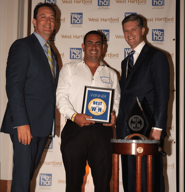 Best Breakfast Place: Effie's Family Restaurant with Owner Johnny Paindiris (center), NBC Connecticut's Brad Drazen and Mayor Scott Slifka at the Best of West Hartford Awards Show, September 10 2015. Photo by Mick Melvin
