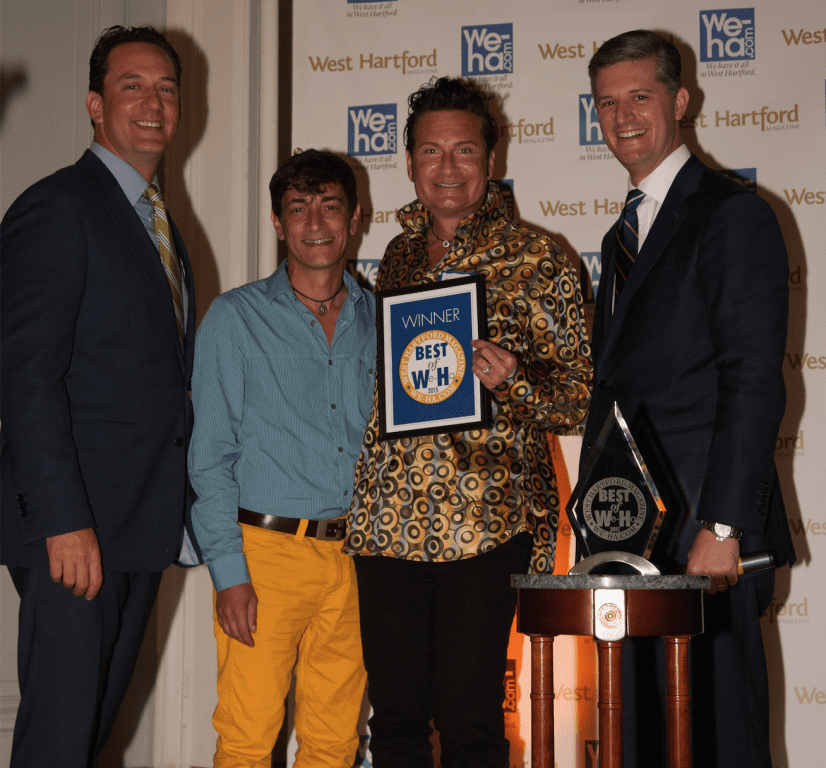 Best Salon/Personal Appearance: Salon Medusa's Co-Owners Sandro Vernali and Steven Adelstein with NBC Connecticut's Brad Drazen and Mayor Scott Slifka at the Best of West Hartford Awards Show, September 10 2015. Photo by Mick Melvin