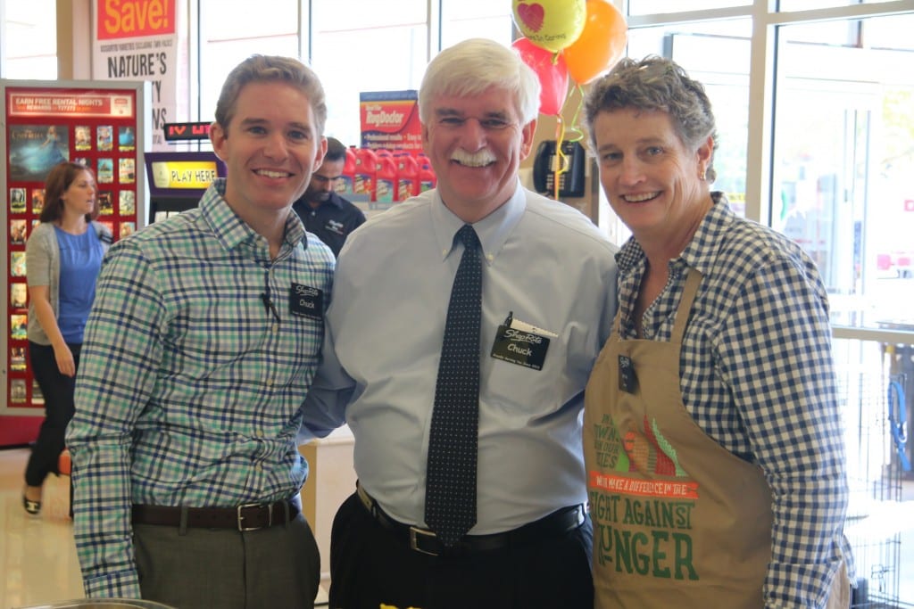 L-r: Chuck Joseph III, Chuck Joseph Jr, and Beth Bye pause for a photo during Help Bag Hunger at the ShopRite of West Hartford, The event raises awareness and funds for the local fight against hunger. Submitted photo