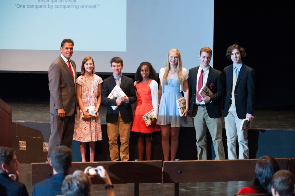 Kingswood Oxford Head of School Dennis Bisgaard congratulates the Dux Prize winners for 2014-15 (left to right): Emma Henry '21, Ethan Levinbook '20, Ananya Alleyne '19, Natalie Eckert '18, Alec Rossi '17, and Benjamin Waldman '16. Submitted photo
