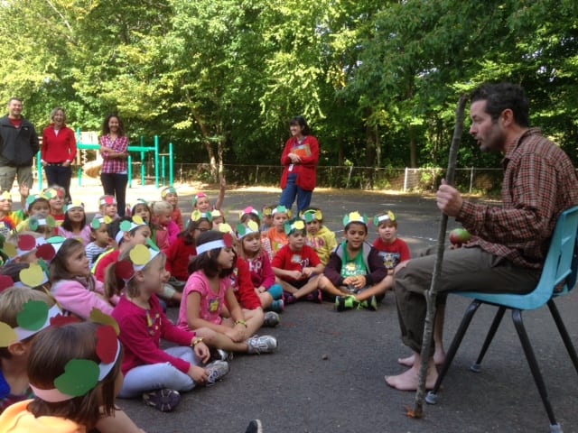 'Johnny Appleseed' entertains Bugbee first graders. Submitted photo