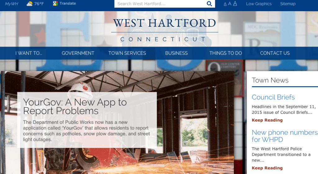 Screenshot of Town of West Hartford website