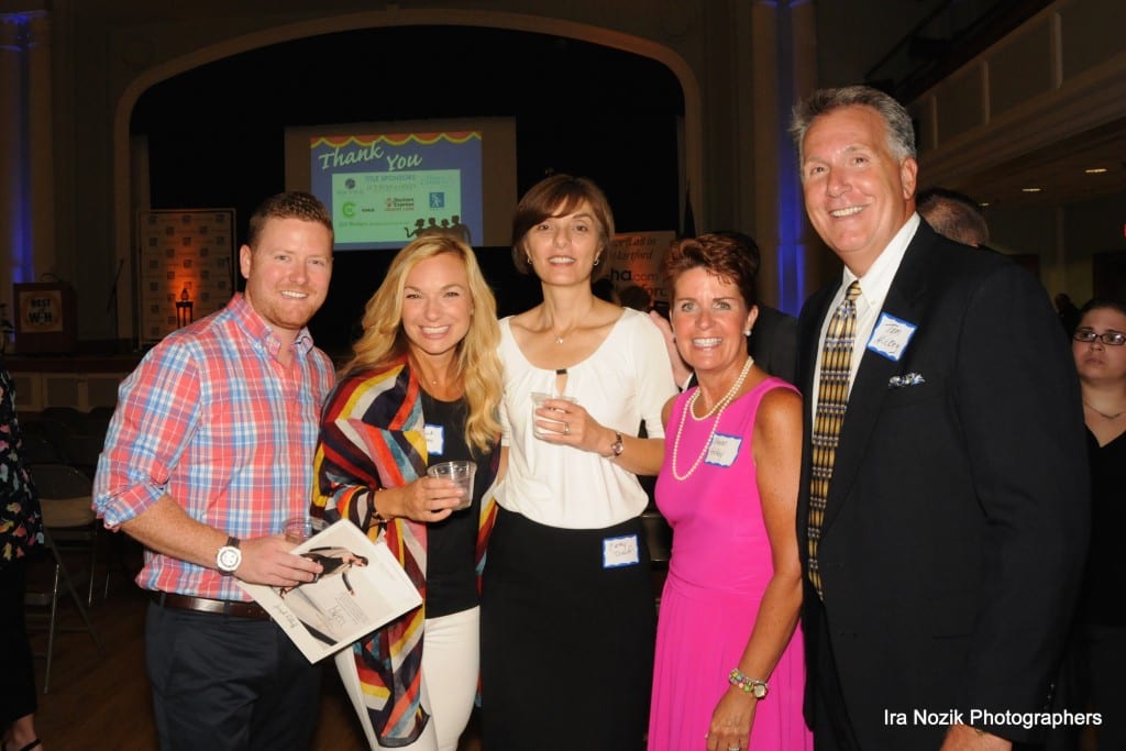 Dan (owner of Uberdog, a finalist in the best pet services category) and Isabella O'Brien with Cathy Dowd and Shevon Hickey (principal of SBS, a finalist in best preschool) and Tom Hickey at the Best of West Hartford Awards Show, September 10 2015. Photo by Ira Nozik