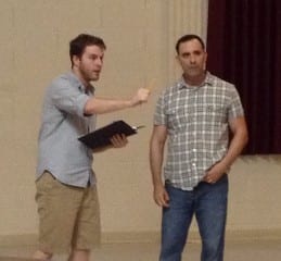 Michael McKiernan as Jigger Craigin and Mike Mezo as Billy Bigelow, rehearse a scene in in Act II. Submitted photo