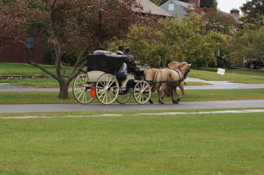 The horsedrawn carriage transports the Sullivan family home from Duffy Elementary School Friday afternoon, before their Make-A-Wish trip to Disney began on Saturday. Photo credit: Ronni Newton