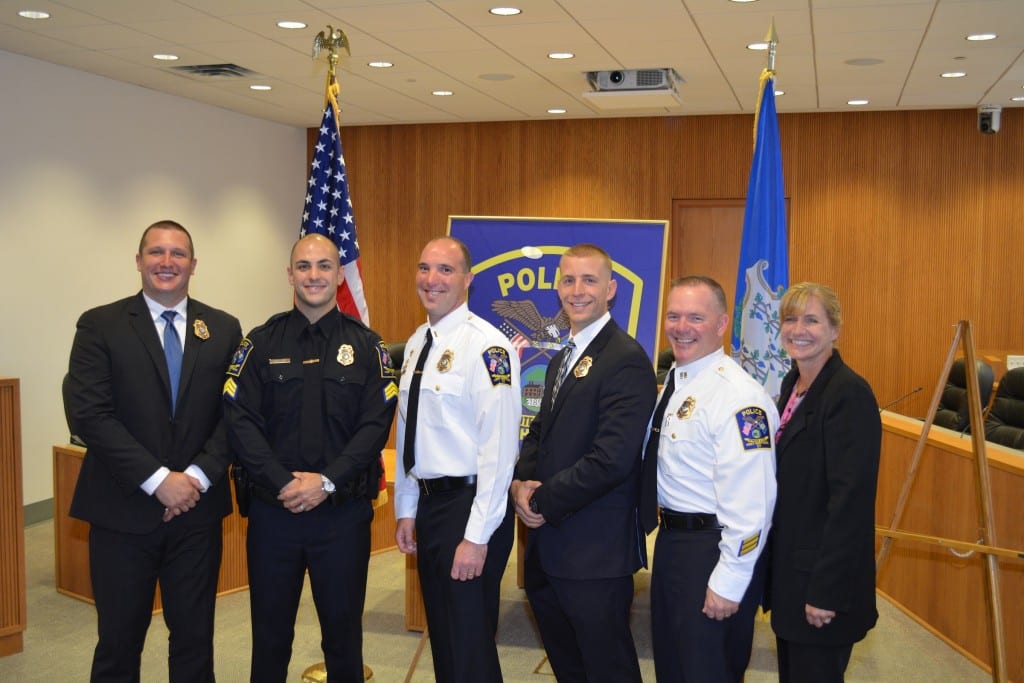 From left: Det. Raywood, Sgt. Vafiades, Lt. Ferrucci, Det. Harrison, Capt. McCarthy, and Det. Lascari (retired) at the West Hartford Police Department ceremony on Friday, Oct. 2, 2015. Photo courtesy of West Hartford Police Department.