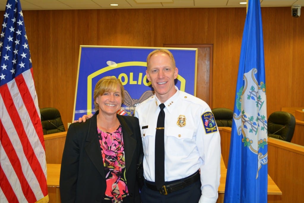 Det. Dawn Lascari with Chief Tracey Gove. Det. Lascari has retired and will join WHPS as a security guard. Photo courtesy of West Hartford Police Department.