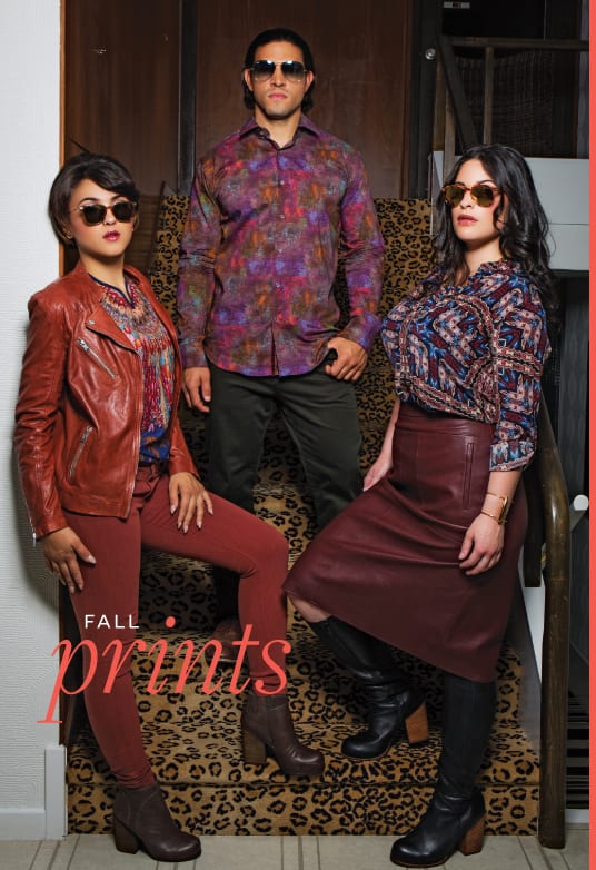 From far left:  Terra leather jacket LaMarque $556; Rosewood skinny Joe's Jeans $172; printed top Tolani $165; Hanger bootie Jeffrey Campbell $165, all from Kimberly Boutique. Ridgewood Sunglasses by Salt, $559, Sight. Multi-colored sport shirt Bugatchi $168; hunter green jean 34 Heritage $185, both from Daswani Clothiers. Sunglasses, models own.  Printed silk top Tolani $178; faux leather skirt BCBG $228, all from Kimberly Boutique. Cyril by Mykita sunglasses $559, Sight. Photo by Tyron W. Jemison