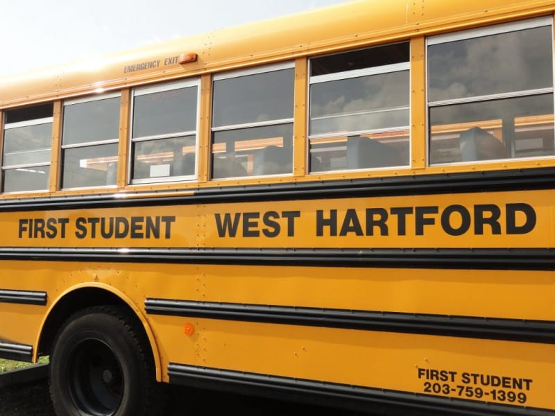The passenger window of a West Hartford Public Schools bus was broken by a pellet fired by a juvenile Friday afternoon. Photo credit: Ronni Newton (file photo)