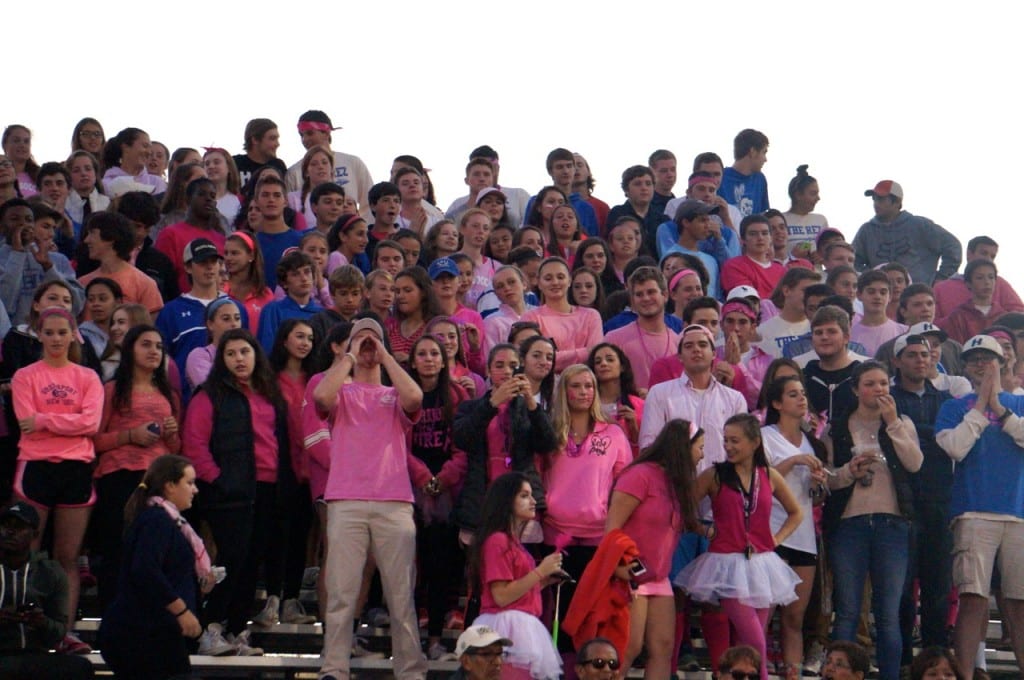 Hall fans in 'pink out' gear in suport of the girls soccer team and breast cancer awareness. Hall vs. Conard girls soccer. Oct. 12, 2015. Photo credit: Ronni Newton