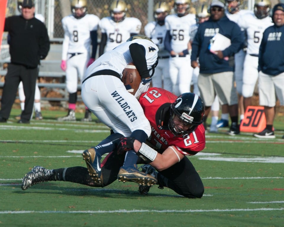 Outside linebacker Andrew Lemkuil ’16 of West Hartford makes a key tackle in Kingswood Oxford’s 43-24 win over Rye Country Day School on Nov. 14. With the victory, KO captured its league title for the third year in a row. Submitted photo