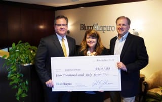 Pictured at this year’s contribution to Interval House are, from left, Joe Kask, BlumShapiro Firm Managing Partner Elect; Cecile Enrico, Executive Director of Interval House; and Carl Johnson, BlumShapiro Firm Managing Partner. Submitted photo 