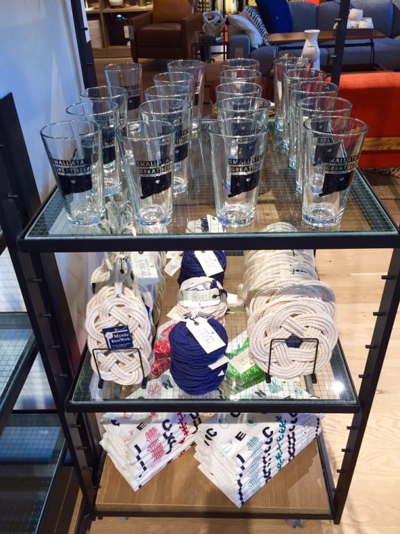 The local section includes beer glasses, signs, towels, and more. West Elm, Blue Back Square, West Hartford. Photo credit: Ronni Newton