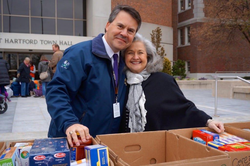 Assistant Superintendents Andy Morrow (left) and Nancy DePalma help sort the donated food outside West Hartford Town Hall. Morley Red Wagon Food Drive, Nov. 18, 2015. Photo credit: Ronni Newton