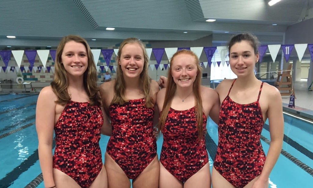 Conard swimmers broke the school record in the 200 medley relay. From left: Clara Capone (backstroke), Bridget Williams (breaststroke), Annie Kirklin (butterfly), Maria Armillei (freestyle). Photo courtesy of Kathy Capone