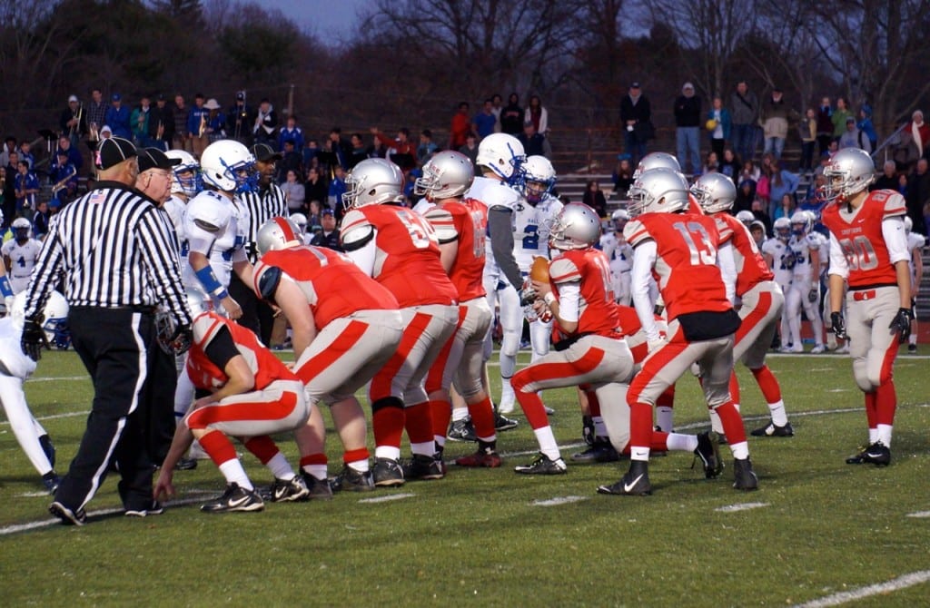 Conard takes a knee and lets the clock expire. Annual Conard vs. Hall West Hartford Mayor's Cup football game. Nov. 21, 2015. Photo credit: Ronni Newton