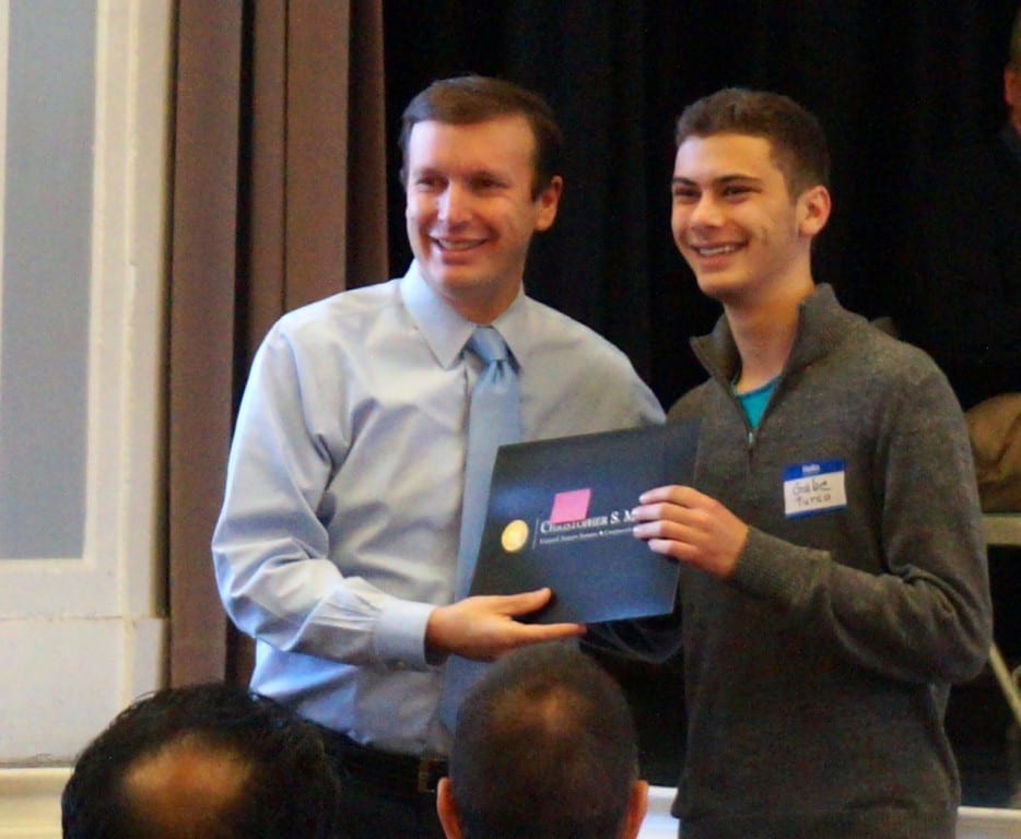 Gabe Turco, a senior at Conard High School, was one of the students recognized by U.S. Sen. Chris Murphy at the 'Pancakes and Politics' breakfast at the Elmwood Community Center, Nov. 23, 2015. Photo credit: Ronni Newton