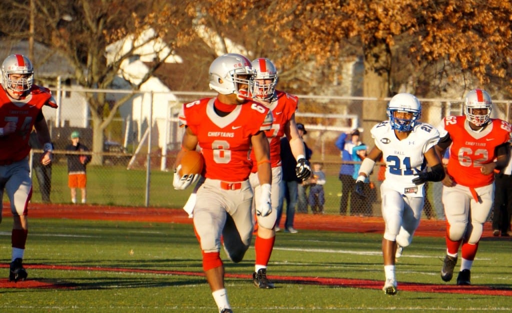 Conard senior standout Nate Richam broke a school record Saturday with 468 yards rushing. He also scored five touchdowns. Annual Conard vs. Hall West Hartford Mayor's Cup football game. Nov. 21, 2015. Photo credit: Ronni Newton