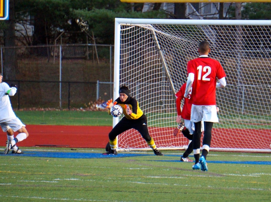 Bridgeport Central goalie Andres Palacio makes a save. Hall vs. Bridgeport Central Class LL Soccer. Photo credit: Ronni Newton