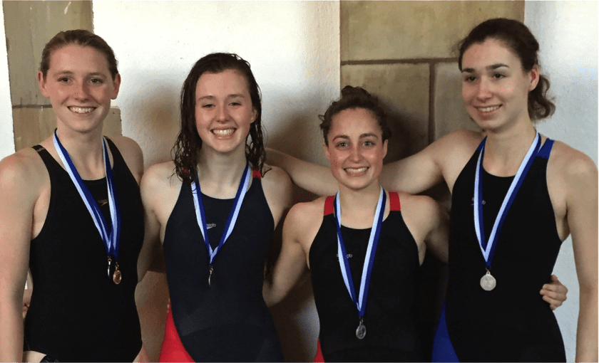 Conard High School 200 Free Relay Team finished 2nd at State Opens and at the Class LL Finals capturing All-State honors. From left: Clara Capone, who also captured All State in the 50 free and 100 free, Emma Dowd, Marisa Haverty, Maria Armillei. Submitted photo