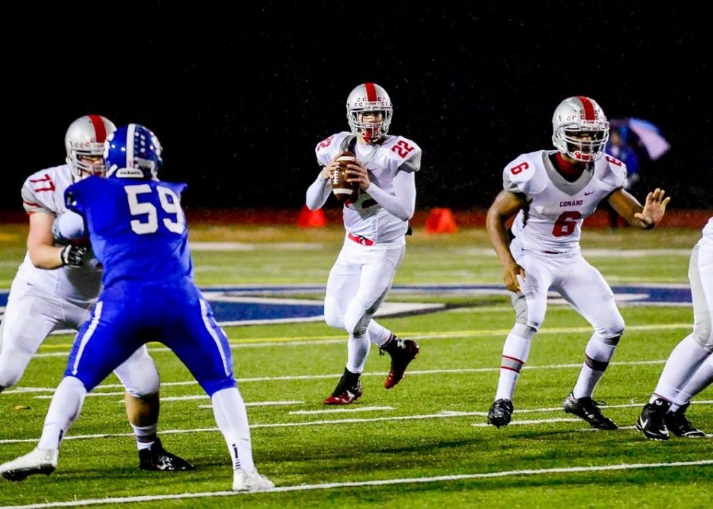 Conard QB Declan Flaherty and star running back Nate Richam were stifled by the Southington defense in a 48-6 loss in the Class LL quarterfinals. Photo credit: Andrew Stabnick, Low Tide Photography