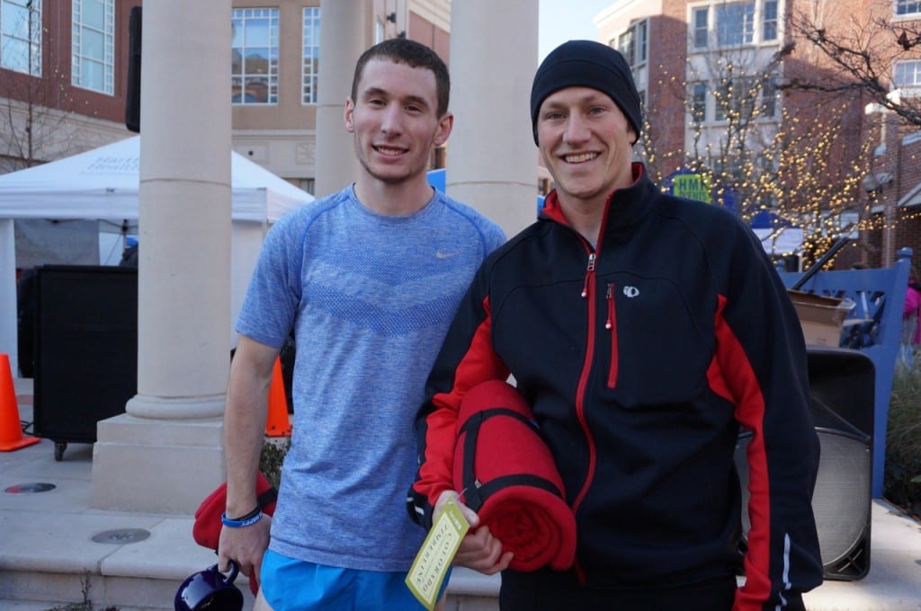 Joe Gioielli (left) of New Britain set the new course record and second place finisher Chris Mayer of Middlefield. HMF Blue Back Mitten Run, West Hartford, Dec. 6, 2015. Photo credit: Ronni Newton