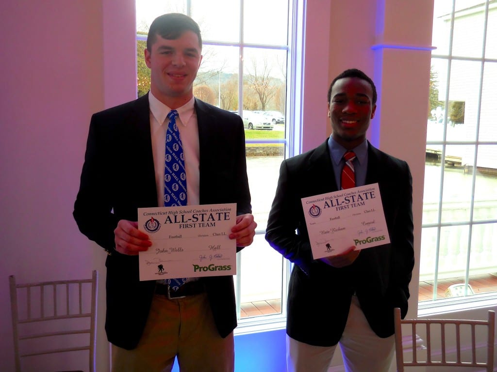 West Hartford residents John Wells of Hall High High School (left) and Nate Richam of Conard High School earned First Team All-State honors for football. Courtesy photo