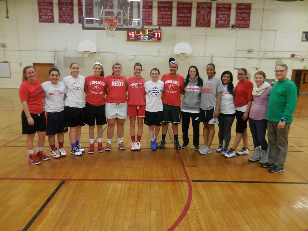 Members of the 2015-16 Alumni team (from left to right): Jill Lohneiss, Stephanie Morales, Jackie Shelburne, Julia DeLutrie, Samantha Kradas, Margo McDonough, Elle Fontanazza (Class of 2013), Caelese Brown (Class of 2011), Laurie Cersosimo, Kristie Allen, Ortiesta Colson, Teresa Vargas, Liz McNamee and former coach Rod Steier (missing from photo is Casey Carpenter). Submitted photo