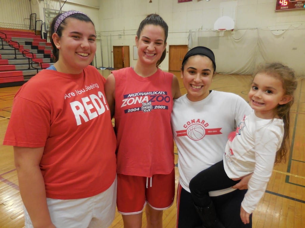 Samantha Kradas (Class of 2012) with classmates Margo McDonough, Stephanie Morales and daughter Jordyn. Submitted photo