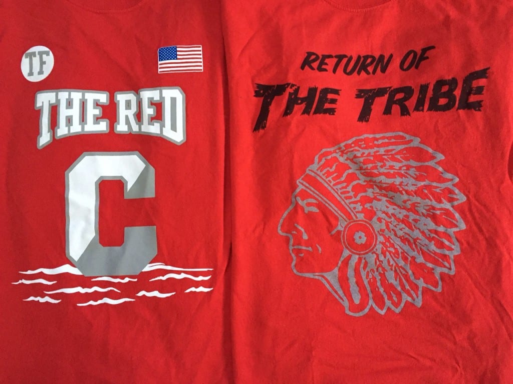 At left is the official 2015-16 shirt of Conard's "The Red C" student fan group. At right is the 2012-13 version of shirt worn by The Tribe. Until this year, the student fan group at Conard used the same Indian head, and students were in the process of selling a black shirt with the same design. Photo credit: Ronni Newton