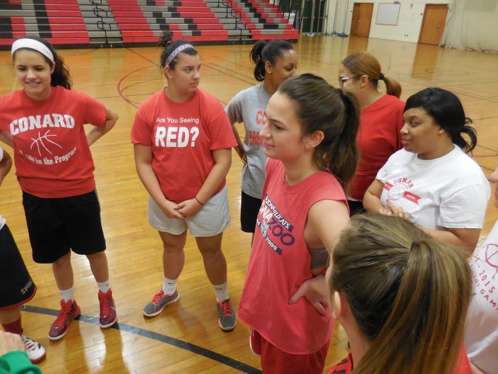 Margo McDonough and other alumni prepare to face the varsity and JV team members on Saturday, Jan. 23. Submitted photo