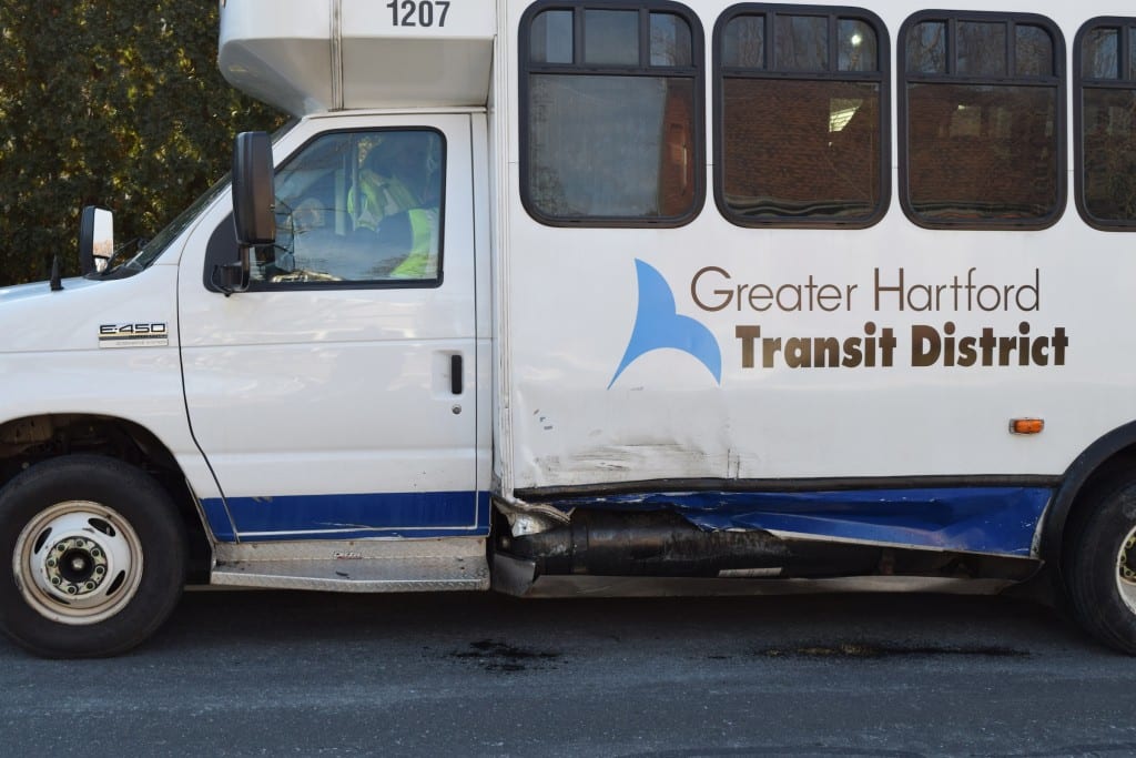 A 12-year-old passenger on this Greater Hartford Transit van was injured Tuesday morning when it was hit by a PT Cruiser at the intersection of Boulevard and Newport. Photo courtesy of West  Hartford Police