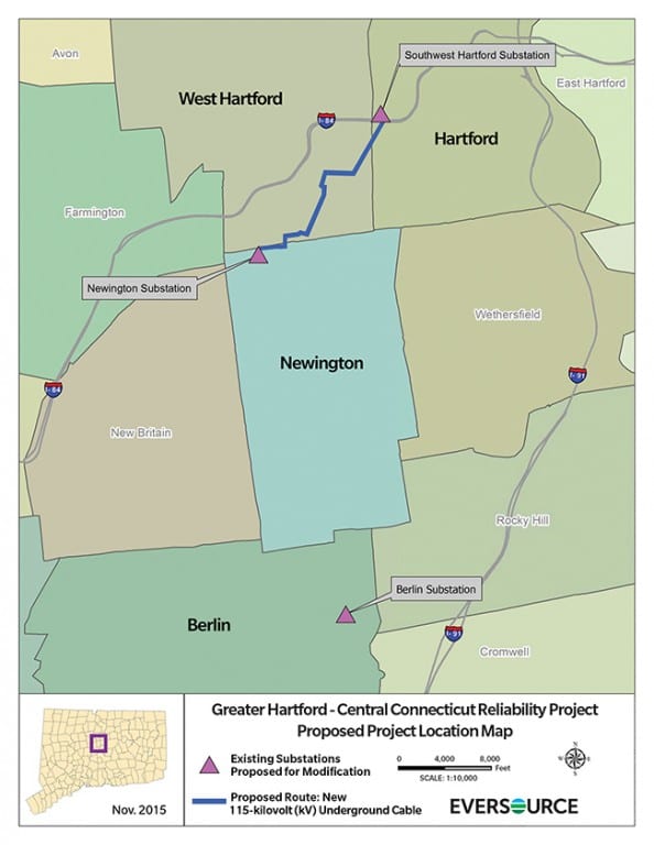 Eversource has proposed a new underground transmission line (shown in blue) through the southeast corner of West Hartford, connecting the Southwest Hartford and Newington substations. Image courtesy of Eversource